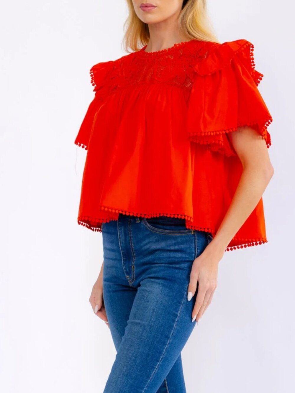 Red Lace Yoke Flutter Sleeve Poplin Crop Top Blouse New Boxy Fit